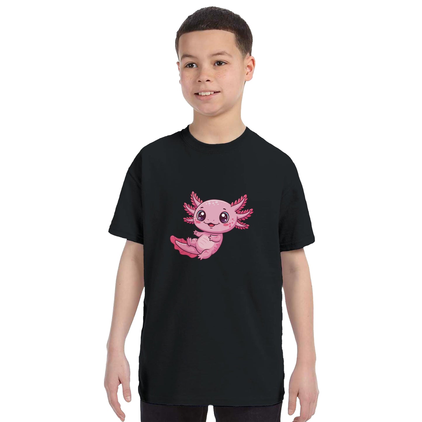 Axolotl Kids Shirt worn by kid, Front Side